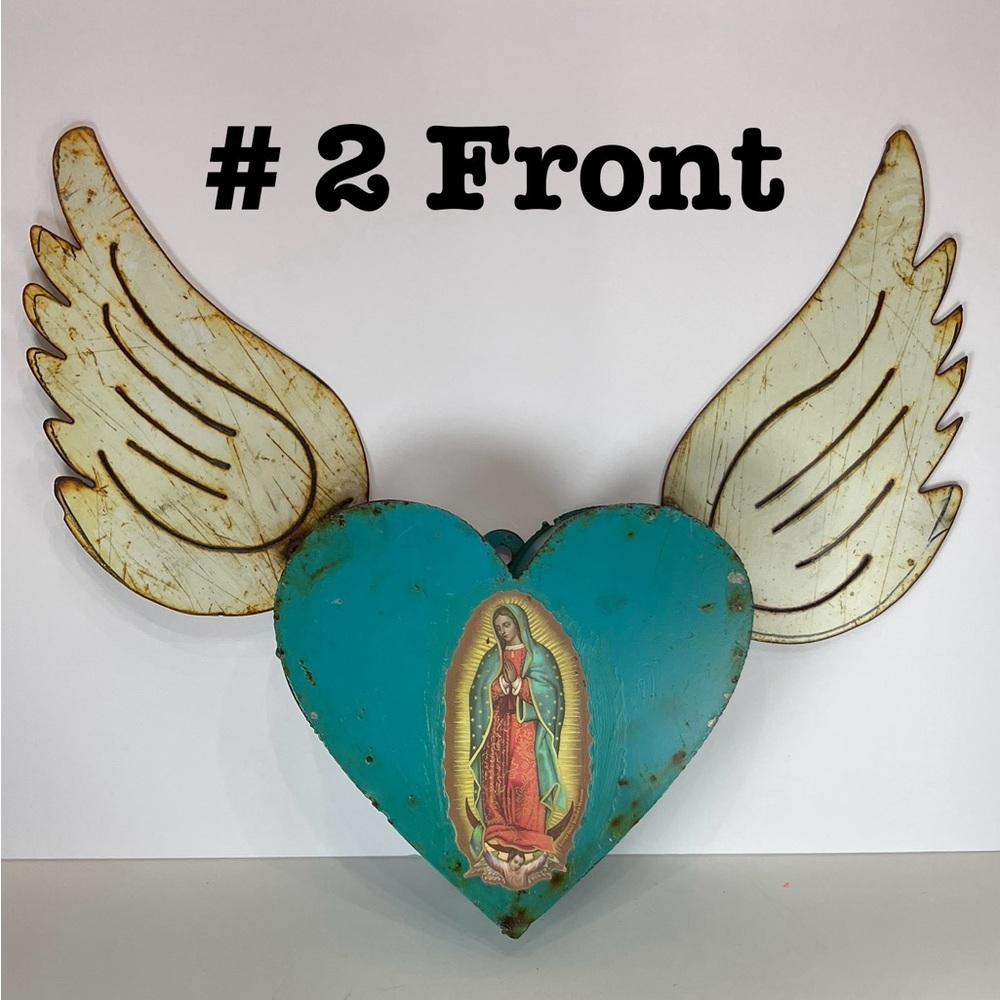 Rustic tin metal heart with wings, Our Lady of Guadalupe - Picture 8 of 9